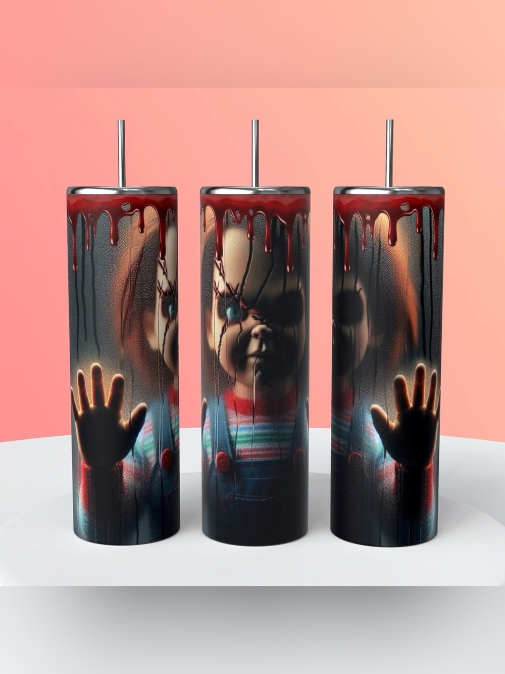 Horror Doll Stainless Tumbler with Straw - Red & Black Drip